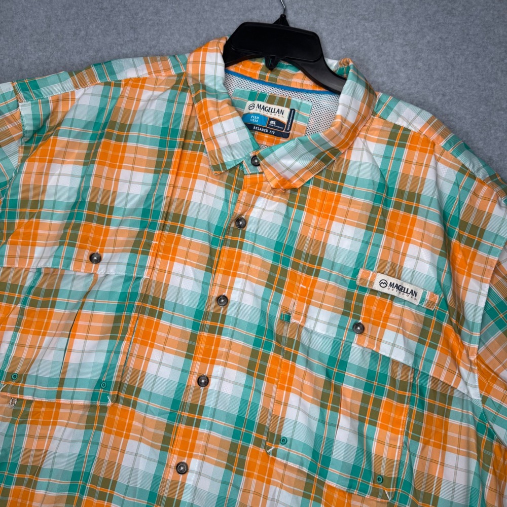 Magellan Fishing Shirt Mens 4XL Orange Plaid Aransas Pass Relaxed Fit Vented